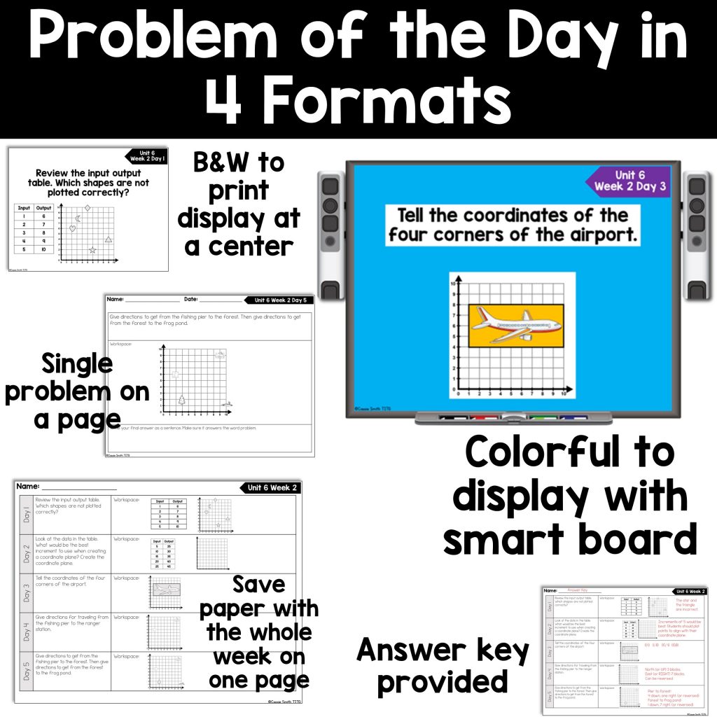 Problem of the day in four formats--smart board, black and white to print and display, single problem on a page, whole week on one page.