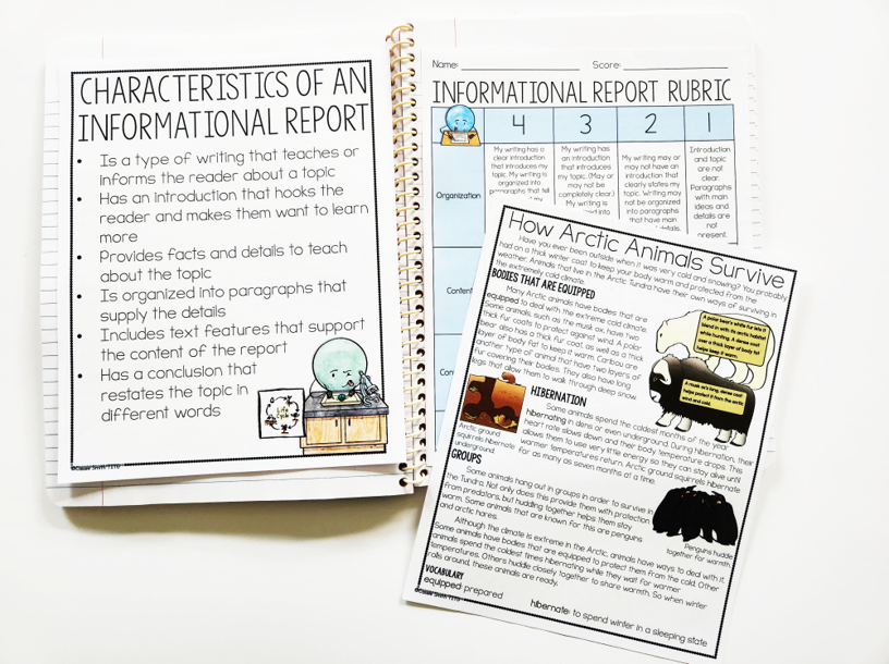 mentor text for informational writing on a notebook with characteristics of informational report poster and informational report rubric
